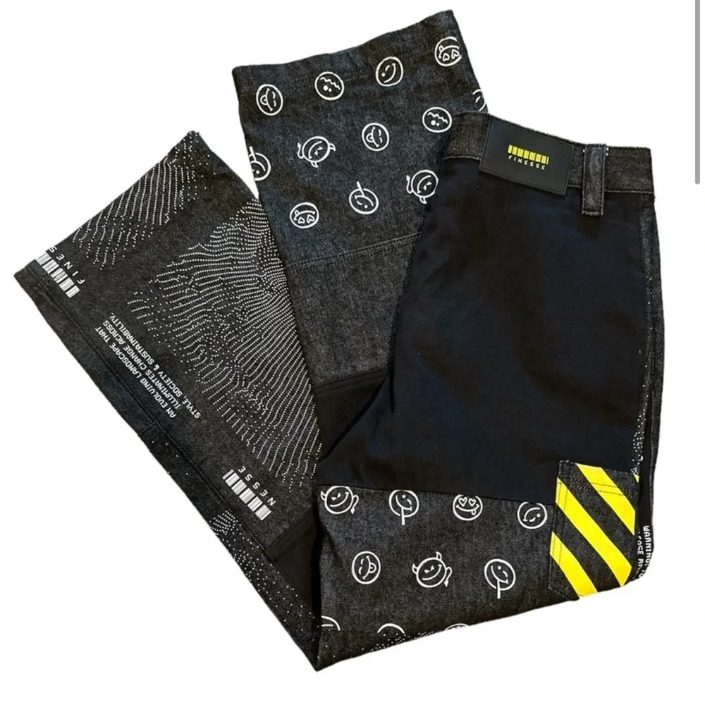 Black and Yellow Straight Leg Jeans with Patchwork Design - Picture 2 of 3